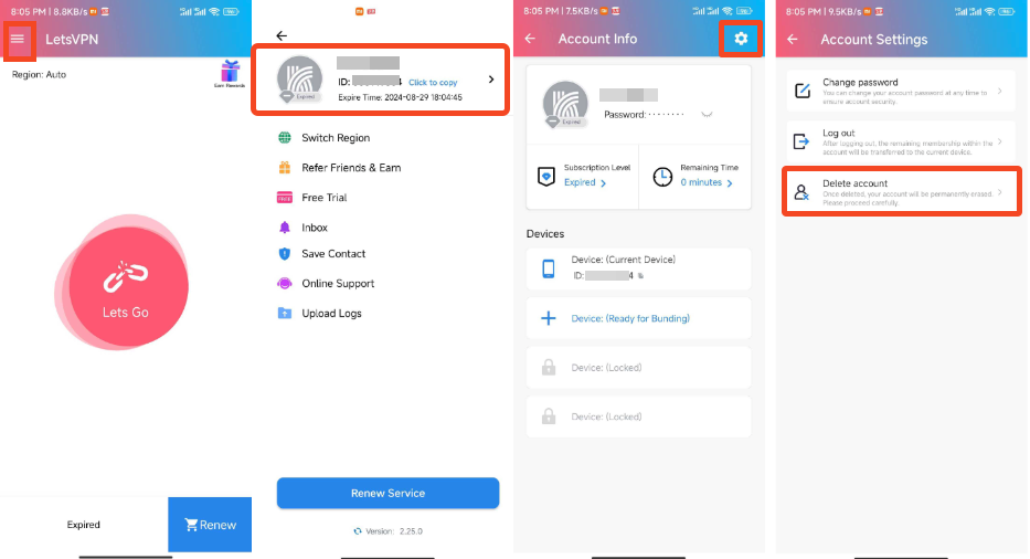 How to delete account in LetsVPN?